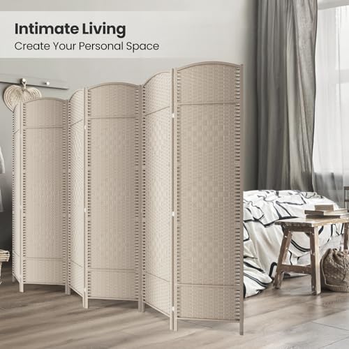 6 Panel Folding Room Divider,Woven Privacy Screen,Beige | Solid wood frame, handcrafted diamond pattern, 6FT tall, extends to 94.5 inches wide, no assembly required - color: Beige, size: 6-Panel