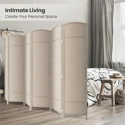 6 Panel Folding Room Divider,Woven Privacy Screen,Beige | Solid wood frame, handcrafted diamond pattern, 6FT tall, extends to 94.5 inches wide, no assembly required - color: Beige, size: 6-Panel