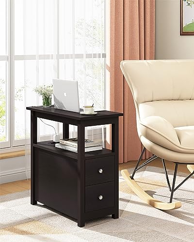 3-Tier Side Table Slim Sofa End Table with 2 Drawers and 1 Open Shelf Narrow Space for Living Room, Espresso Power (Outlets and USB Ports Included) - color: Brown