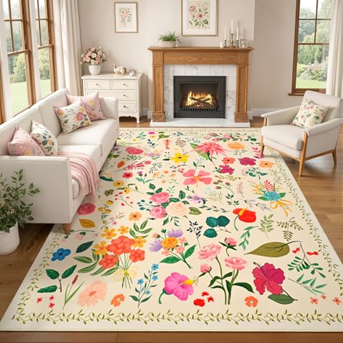 ISEAU 6x9 Area Rug for Living Room,Washable Rugs for Bedroom Dorm, Beige | Floral Rugs with Non-Slip Botton, Low-Pile Indoor Carpet for Bedroom Kids Playroom Nursery Office Dining Room Dorm Decor - color: Beige, size: 6ftx9ft