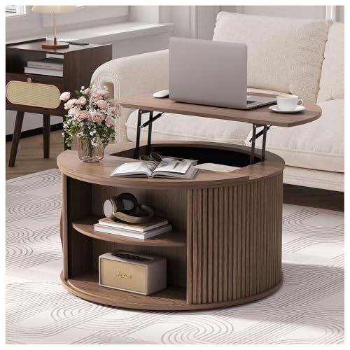 SULIVES Round Coffee Table with Lifting Top, Multifunctional Lift Top Drum Coffee Table with Sliding Door, Small Fluted Center Table for Living Room, Walnut - color: Walnut_round-lift-top