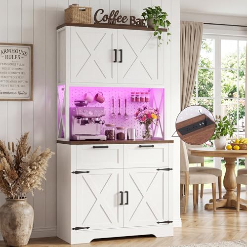 Unikito 71" Tall Kitchen Pantry Cabinet with Microwave Countertop, White | Freestanding Storage Cabinet Kitchen Hutch with Charging Station & LED Lights, Drawers & DIY Pegboard for Dining Room - color: White, size: 32 Inch