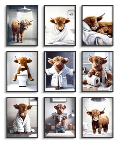 Funny Bathroom Cow Wall Art Decor Set of 9, Vintage Highland Cow Poster Prints, Unframed Rustic Animal Picture Wall Decor for Restroom, Bedroom and Nursery, 8x10 inch Art Posters - color: Bathroom Cow, size: 10L" x 8W"