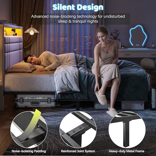 EnHomee King Upholstered Bed Frame with Charge Station & LED Lights, Beige | 2-Tier Shelves Headboard, 12" Under-Bed Storage Space, Noise-Free, No Box Spring Needed, Easy Assembly - color: Beige, size: King (U.S. Standard)