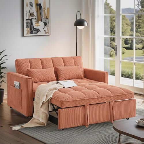 Sleeper Sofa Bed with Adjustable Backrest & Side Pockets, Orange | Adjustable Backrest & Side Pockets,Pull Out Sofa,Comfortable Fabric - color: S-orange-k9