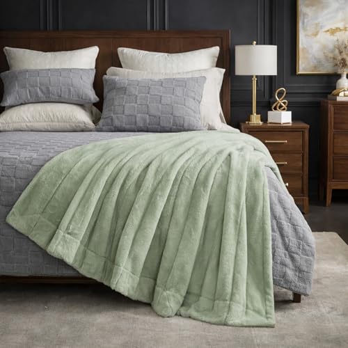 Cozy Bliss Deluxe Sheared Rabbit Faux Fur Throw Blanket, Soft Fuzzy High-Low Sculpted Plush Blanket for Couch, Cozy Home Accent, All Season Use, Green 50"x60" - color: Stripe - Green, size: Throw(50" x 60")