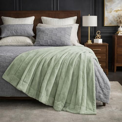 Cozy Bliss Deluxe Sheared Rabbit Faux Fur Throw Blanket, Soft Fuzzy High-Low Sculpted Plush Blanket for Couch, Cozy Home Accent, All Season Use, Green 50"x60" - color: Stripe - Green, size: Throw(50" x 60")
