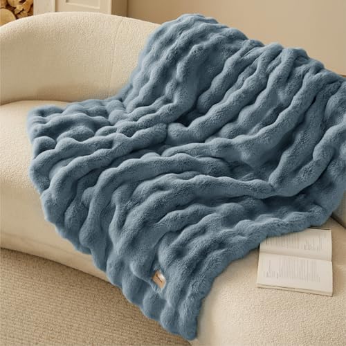 Bedsure GentleSoft Faux Fur Throw XL Blanket, Fluffy Fuzzy Large Throw Blanket for Bed, Soft Cozy Fall Bedding Coloring Couch Cover, Thick Warm Plush Women Men Birthday Gifts, Greyish Blue - color: Greyish Blue, size: Throw XL(50" X 70")