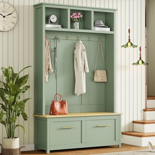 JIVOIT 4-in-1 Entryway Hall Tree with Brown Wood Grain Storage Bench, Wood Entryway Coat Hanger Hall Tree with 6 Golden Hooks, 2 Drawers, Coat Rack for Living Room, Hallway - color: Mint Green/31