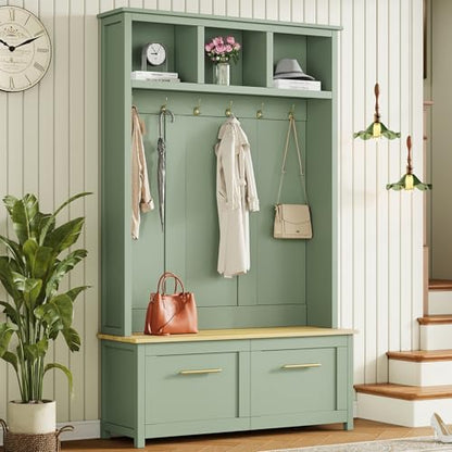 JIVOIT 4-in-1 Entryway Hall Tree with Brown Wood Grain Storage Bench, Wood Entryway Coat Hanger Hall Tree with 6 Golden Hooks, 2 Drawers, Coat Rack for Living Room, Hallway - color: Mint Green/31