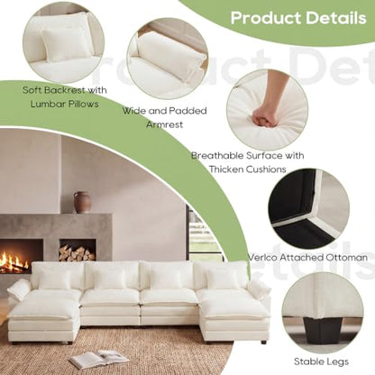 154" Modular Sectional Sofa, Comfy Deep Cloud Couch with Ottoman | U-Shaped Couches for Living Room, Modular Couch, Deep and Wide Seat, Chenille Sofa Sleeper with Throw Pillows, Beige White - color: Beige White, size: 154 Inch U