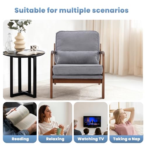 DUMOS Mid Century Modern Accent Chair, 16'' Seat Height Cozy Lounge Chair | Upholstered Armchair with Waist Cushion and Wood Frame for Living Room, Bedroom, Reading Nook, Balcony, Classic Grey - color: Classic Grey, size: 1 Pack