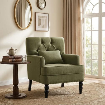 HUIMO Accent Chair, Tufted Upholstered Club Chair, Olive Green | Tufted upholstered club chair with lumbar pillow and solid wood legs. Suitable for living rooms, bedrooms, and reading nooks. - color: Green