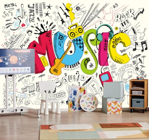 Music Graffiti Wallpaper Fan Guitar Drums Large Wall Mural | 108"x75", for Bedroom Living Room Bathroom, Textured Fabric, Not Peel and Stick - color: Mural 07, size: 108" x 75"