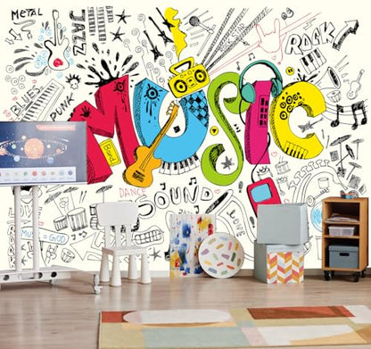 Music Graffiti Wallpaper Fan Guitar Drums Large Wall Mural | 108"x75", for Bedroom Living Room Bathroom, Textured Fabric, Not Peel and Stick - color: Mural 07, size: 108" x 75"