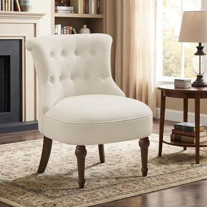 Upholstered Accent Chair, French Country Side Chair (1, Beige) | with Tufted Backrest, Thick Padded Seat and Solid Wood Legs for Bedroom, Living Room, Vanity & Reading Nook - color: Beige