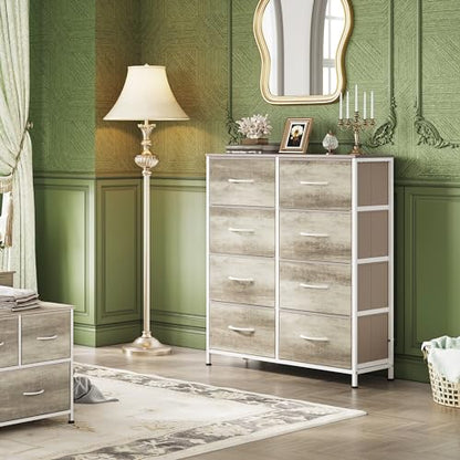 WLIVE Fabric Dresser for Bedroom, Tall Dresser with 8 Drawers, Storage Tower with Fabric Bins, Double Dressers, Chest of Drawers for Closet, Living Room, Hallway, Greige | Greige 8-drawer tall storage tower with fabric bins and wood tabletop, breathable n
