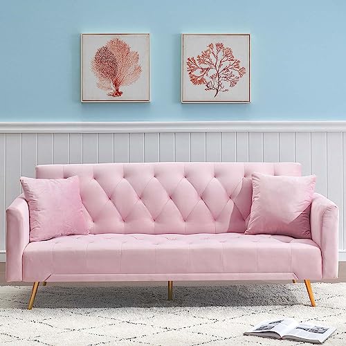 Majnesvon 71" Pink Futon Sofa Bed Couch: Velvet Fabric Memory Foam 2 Pillows Gold Metal Feet Adjustable Tufted Backrest, Convertible Folding Sleeper Loveseat for Living Room Bedroom Apartment (Pink) - color: Pink