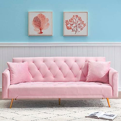Majnesvon 71" Pink Futon Sofa Bed Couch: Velvet Fabric Memory Foam 2 Pillows Gold Metal Feet Adjustable Tufted Backrest, Convertible Folding Sleeper Loveseat for Living Room Bedroom Apartment (Pink) - color: Pink