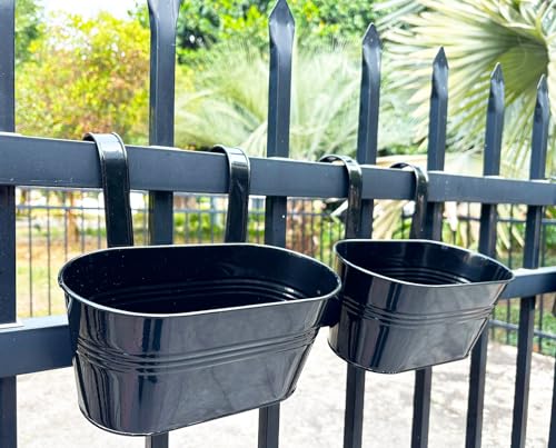 10" Metal Hanging Planter for Railing with Detachable Hooks, Black, 2 Pcs | Removable hook, Drainage hole, Rustproof, For flowers / herbs / succulents, veggies, For railings / fences / balconies - color: Black