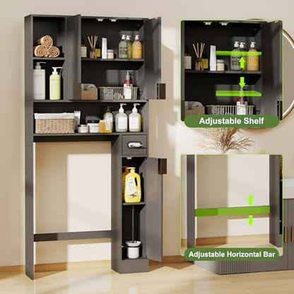 GOODONE Black Over The Toilet Storage Cabinet - with 3 Doors and Toilet Paper Holder Stand, FreeStanding, for Bathroom, Restroom, Laundry - color: Black