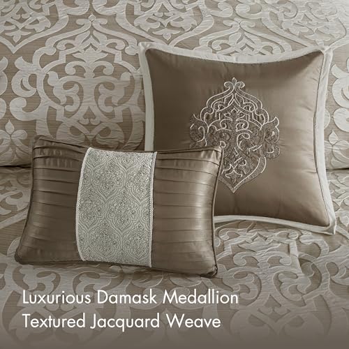 Madison Park Odette Cozy Comforter Set Jacquard Damask Medallion Design - Modern All Season, Down Alternative Bedding, Shams, Decorative Pillows, Cal King(104 in x 92 in), Tan 8 Piece | All Season Down Alternative Bedding with Comforter, Shams, Bed Skirt,