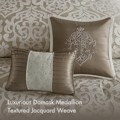 Madison Park Odette Cozy Comforter Set Jacquard Damask Medallion Design - Modern All Season, Down Alternative Bedding, Shams, Decorative Pillows, Cal King(104 in x 92 in), Tan 8 Piece | All Season Down Alternative Bedding with Comforter, Shams, Bed Skirt,