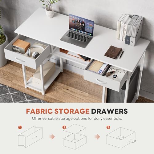 DUMOS 48-Inch Computer Desk with Drawers and Hook, White | Home Office Desk for Bedroom, Gaming Writing Study Desk with Adjustable Feet - color: White, size: 48-In