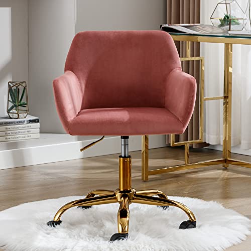 Velvet Makeup Vanity Chair,Home Office Desk Chair with Wheels, Rose | Fluffy Swivel Modern Armchair Upholstered Fuzzy Height Adjustable for Teens Women Girls Elegant for Living Room Bedroom - color: Rose