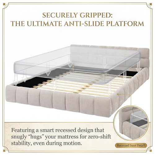 Chenille Fabric Upholstered Platform Bed Frame with Soft Headboard, Modern Low Profile Grounded Design, No Box Spring Needed, Sturdy MDF & Wood Frame, Neutral Style, Beige, Queen - color: Beige, size: Queen (U.S. Standard)