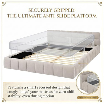 Chenille Fabric Upholstered Platform Bed Frame with Soft Headboard, Modern Low Profile Grounded Design, No Box Spring Needed, Sturdy MDF & Wood Frame, Neutral Style, Beige, Queen - color: Beige, size: Queen (U.S. Standard)