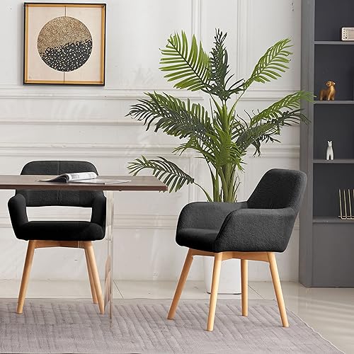 Mid Century Modern Dining Chairs Set of 2 & 4 & 6 Comfy Accent Chair Upholstered Kitchen Dining Living Room Chairs for Bedrooms Waiting Room Home Arm Desk Chair No Wheels (Wool Black, 2) - color: Wool Black