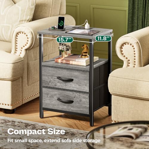 Huuger Night Stand with Charger Station and LED Lights, 2 Drawer Nightstand | Bed Side Table with Open ShelfEnd TableFabric Drawers for Bedroom, Grey - color: Grey, size: 11.8"D x 15.7"W x 23.6"H（2 Drawers）