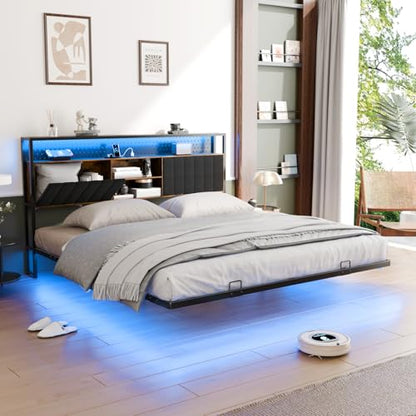 VINGLI King Size Floating Bed Frame with LED Lights and Charging Station, Cozy Hidden Storage Velvet Upholstered Headboard,No Box Spring Needed,Easy Assembly,Black - color: Industrial Brown, size: King