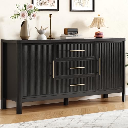 55" Buffet Cabinet with Storage, Reeded Sideboard Cabinet with 3 Drawers, 2 Doors and Thickended Top, Wood Coffee Bar Cabinet with Adjustable Shelves, Storage Cabinet for Entryway, Living Room, Black - color: Black
