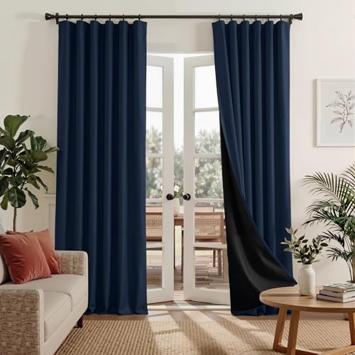 RYB HOME 100% Blackout Navy Blue Curtains for Bedroom 84 inches Long | Thermal Insulated, Heat & UV Blocking, Noise Reducing, Back Tab, For Living Room Nursery Sunroom, W52 x L84, 2 Panels - color: Navy Blue, size: 52"W x 84"L (Pack of 2)