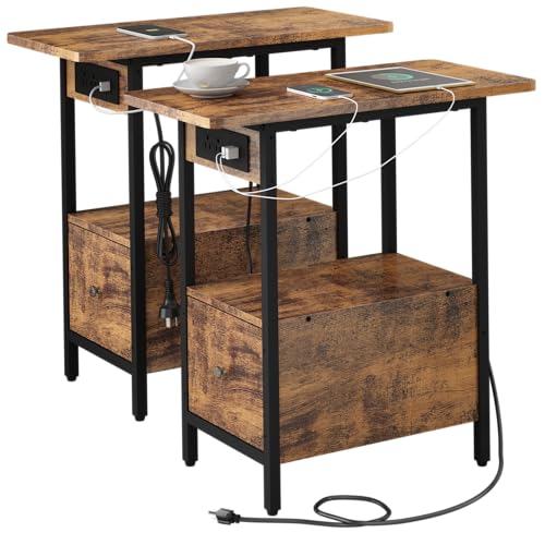 LIDYUK End Table with Charging Station, Narrow Side Table with Drawer | Equipped with USB Ports & Power Outlets, Nightstand Bedside Tables for Small Spaces, Bedroom, Living Room, Rustic Brown - color: Rustic Brown, size: Pack of 2