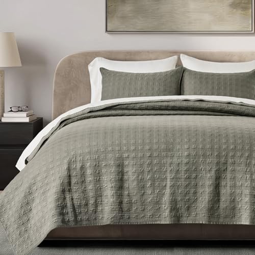 EVERGRACEHOME Cotton Sateen Windowpane Quilt Set Queen Size, Stone Sage | 100% Cotton, Pre-Washed Soft Coverlet Bedspread, 3-Piece Lightweight Bedding Set for All Season, with 2 Pillow Shams - color: Stone Sage (Grayish Green) - Windowpane, size: Full/Que