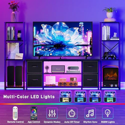 Yenlure LED TV Stand Bookshelf Combo with Charging Station for 65 60 55 Inch TV, Entertainment Center with Lights & Drawers, Industrial Media TV Console Table for Living Room Bedroom Office, Black - color: Black
