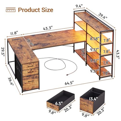 SEDETA 64.5" Reversible L Shaped Office Desk with Storage Drawers, Shelves | U Shaped Gaming Desk with 3 Fabric Drawers, Power Outlet & LED Strip, Bookshelf for Home Office, Rustic Brown - color: Rustic Brown