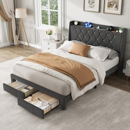 Garvee Full Size Bed Frame with Storage, Velvet Upholstered Platform Bed Frame with Crystal Tufted Headboard, Charging Station, 2 Drawers, No Box Spring Needed, Noise-Free,for Bedroom, Dark Gray | Velvet Upholstered Platform Bed Frame with Crystal Tufted