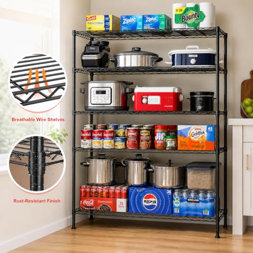 REIBII 5-Tier Storage Shelves, Space Saving&1000LBS Heavy Duty for Garage | Powder Coated Waterproof, Tool-Free, 45.8" W Freestanding Shelving, Rust-resistant Storage Shelves, Anti-Tipping, Adjustable - size: 5 Tier, 45.8" W x 71" H x 17.2" D