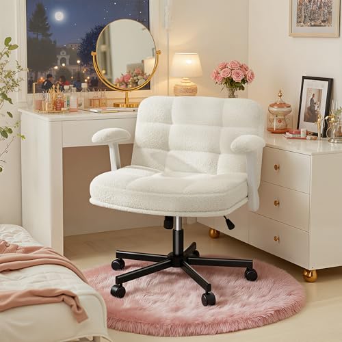 DurayLoly Criss Cross Office Chair with Flip-up Arm & Wheels | 360° Swivel,Plush Teddy Fabric Cross Legged Chair ,Adjustable Height for Home Office,Study, Gaming, Vanity,White - color: Beige