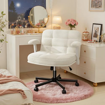 DurayLoly Criss Cross Office Chair with Flip-up Arm & Wheels | 360° Swivel,Plush Teddy Fabric Cross Legged Chair ,Adjustable Height for Home Office,Study, Gaming, Vanity,White - color: Beige