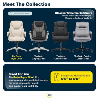 Serta Bryce Executive Office Chair - Ergonomic Computer DeskChair with Lumbar Technology - Adjustable Height - Memory Foam Body Pillows - 360° Swivel Rolling Base - Bonded Leather - Cream - color: Cream White