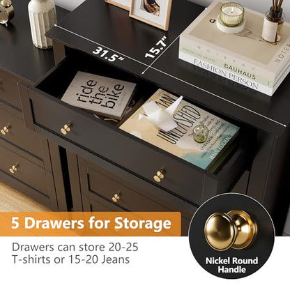 IDEALHOUSE 5 Chest of Drawer Dresser, Modern Wood Organizer Dresser Storage Cabinet with Drawers for Bedroom, Living Room, Entryway, Black | Simply 5 Drawer Dresser for Hallway Entryway, 15.8"D x 31.5"W x 42.5"H, Lacquered Storage Organizer for Living Roo