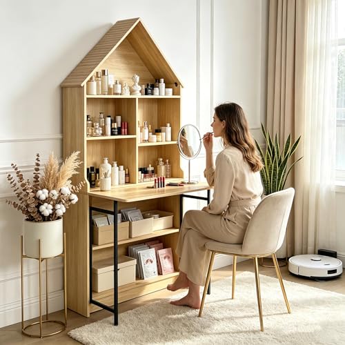 FNK Folding A-Frame Bookshelf Narrow Bookcase with Hideaway Craft Desk | Convertible Hideaway Desk to Bookshelf for Small Spaces, Multifunctional Craft Table & Vanity - color: Natural