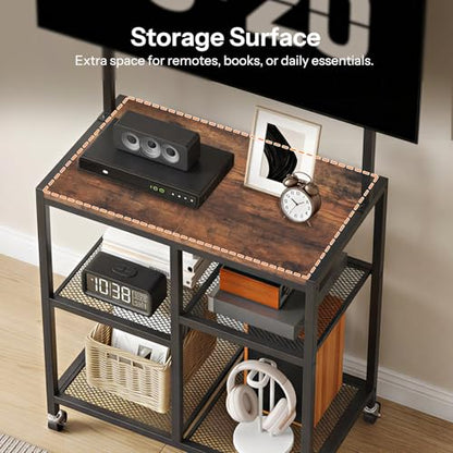 HOOBRO Small TV Stand with Wheels and Mount for 50 Inch TVs, Mobile Rolling TV Stand with Storage Shelves, Small Entertainment Center, for Living Room, Bedroom, Study, Rustic Brown BF37DS01 - color: Rustic Brown + Black