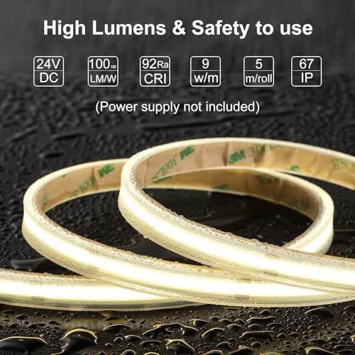 LLTOP COB LED Strip Lights Waterproof IP67 24VDC Natural White 4000K 16.4FT | CRI 92Ra+, Outdoor LED Tape Lighting, DIY Cuttable, For Bedroom Kitchen Cabinet Shelf (Power Supply Not Included) - color: Natural White 4000K (power supply not included)