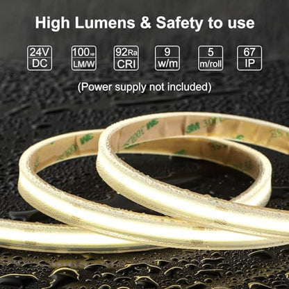LLTOP COB LED Strip Lights Waterproof IP67 24VDC Natural White 4000K 16.4FT | CRI 92Ra+, Outdoor LED Tape Lighting, DIY Cuttable, For Bedroom Kitchen Cabinet Shelf (Power Supply Not Included) - color: Natural White 4000K (power supply not included)